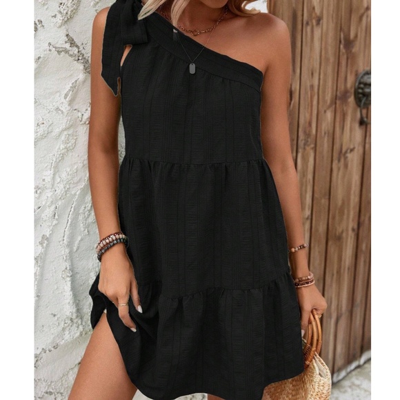 One Shoulder Tie Ruffle Textured Mini Dress - Picture 7 of 9